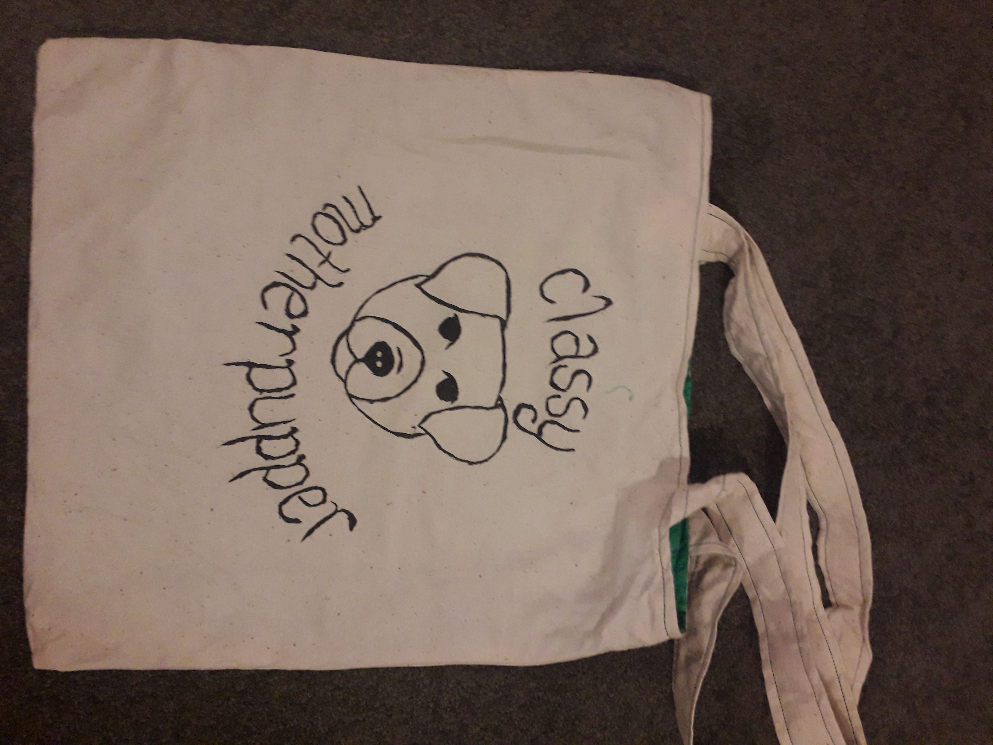 Dog tote 1 Handmade tote with handpainted dog image and text 'classy motherpupper'